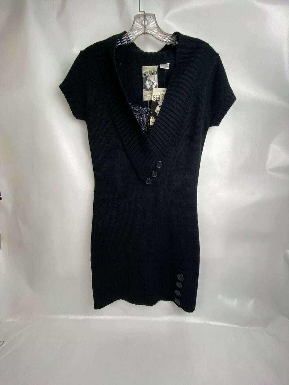 Red Paint Cap Sleeve Black Knit Sweater Dress with Button Accents